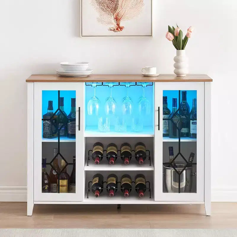 Meuble bar en bois avec portes vitrées de 119 cm – Station de rangement pour vins avec étagères réglables