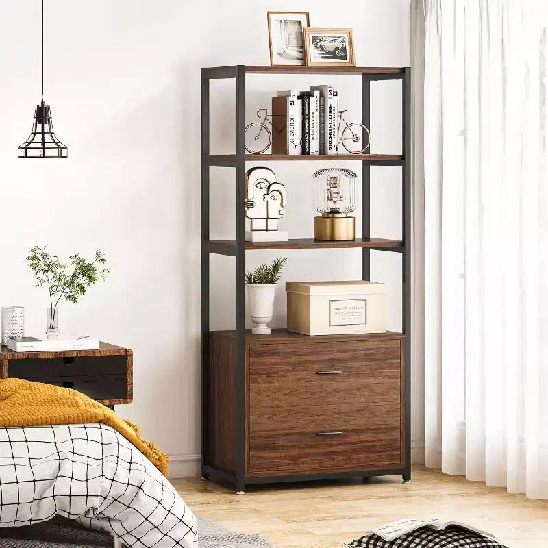 Étagère rustique à 4 niveaux avec 2 tiroirs, étagère de présentation pour bureau à domicile