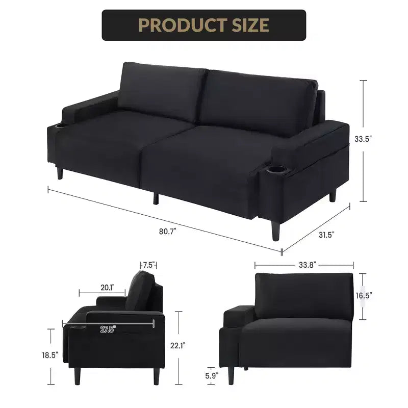 Canapé moderne 3 places de 80 pouces avec porte-gobelets, assise profonde pour salon, bureau, appartement