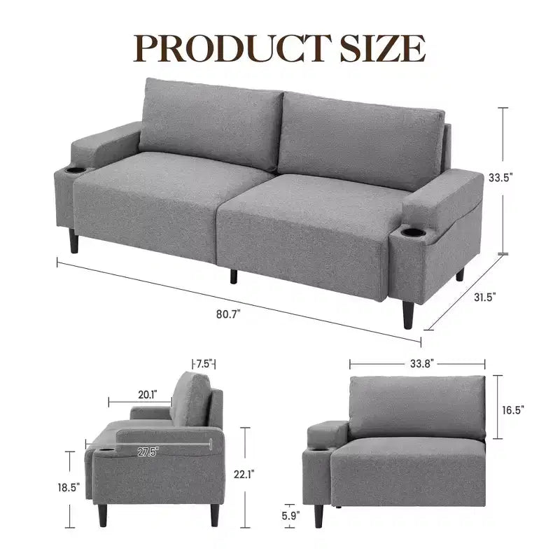 Canapé moderne 3 places de 80 pouces avec porte-gobelets, assise profonde pour salon, bureau, appartement