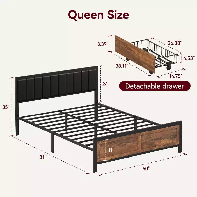 Cadre de lit Queen avec 4 tiroirs de rangement, tête de lit rembourrée en cuir PU, pas besoin de sommier tapissier, silencieux