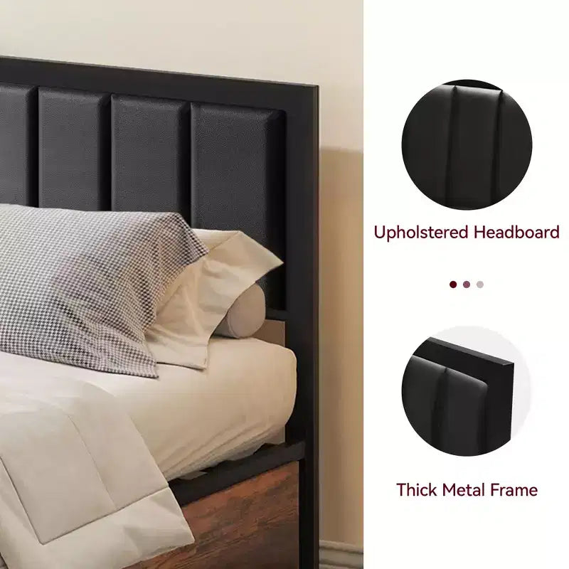 Cadre de lit Queen avec 4 tiroirs de rangement, tête de lit rembourrée en cuir PU, pas besoin de sommier tapissier, silencieux