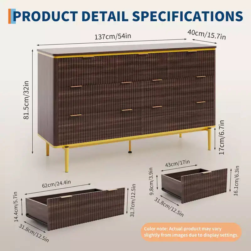 Commode à 7 tiroirs pour chambre à coucher, commode cannelée en bois, meuble de rangement, support TV au design incurvé avec poignées métalliques dorées pour le salon
