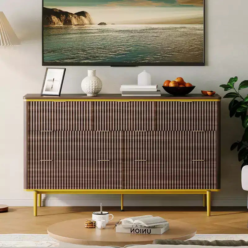 Commode à 7 tiroirs pour chambre à coucher, commode cannelée en bois, meuble de rangement, support TV au design incurvé avec poignées métalliques dorées pour le salon