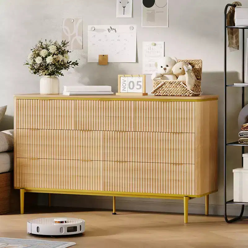 Commode à 7 tiroirs pour chambre à coucher, commode cannelée en bois, meuble de rangement, support TV au design incurvé avec poignées métalliques dorées pour le salon