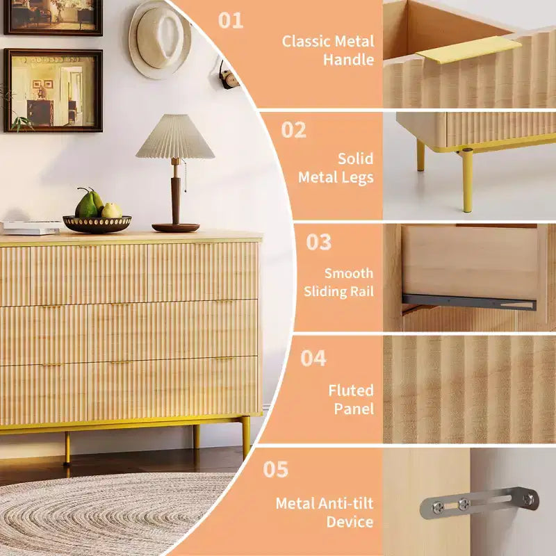 Commode à 7 tiroirs pour chambre à coucher, commode cannelée en bois, meuble de rangement, support TV au design incurvé avec poignées métalliques dorées pour le salon