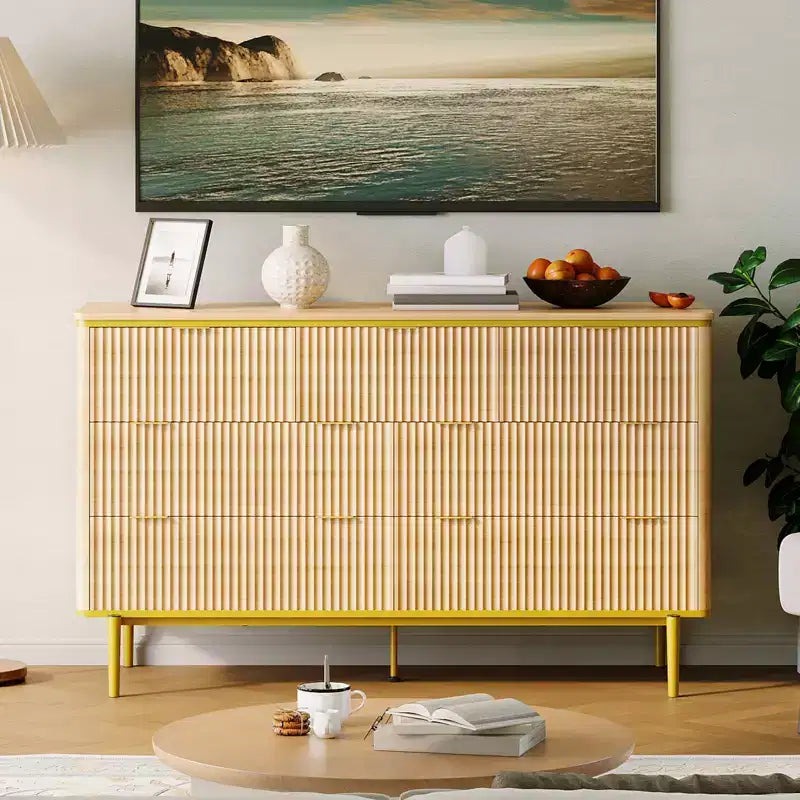 Commode à 7 tiroirs pour chambre à coucher, commode cannelée en bois, meuble de rangement, support TV au design incurvé avec poignées métalliques dorées pour le salon