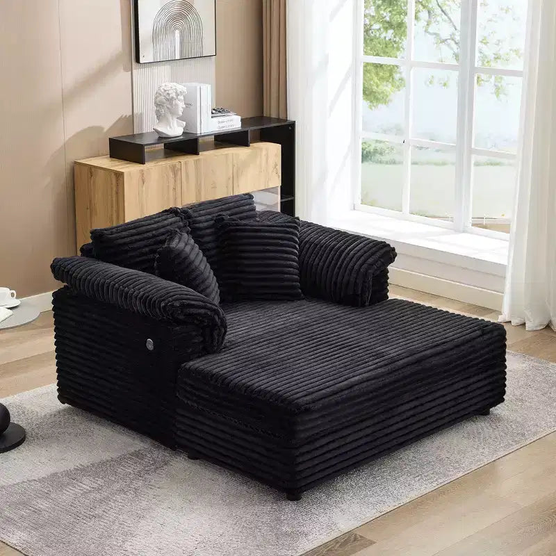 Grande chaise longue d'intérieur, canapé lounge confortable en velours côtelé avec accoudoirs larges et oreillers décoratifs, canapé convertible douillet pour salon