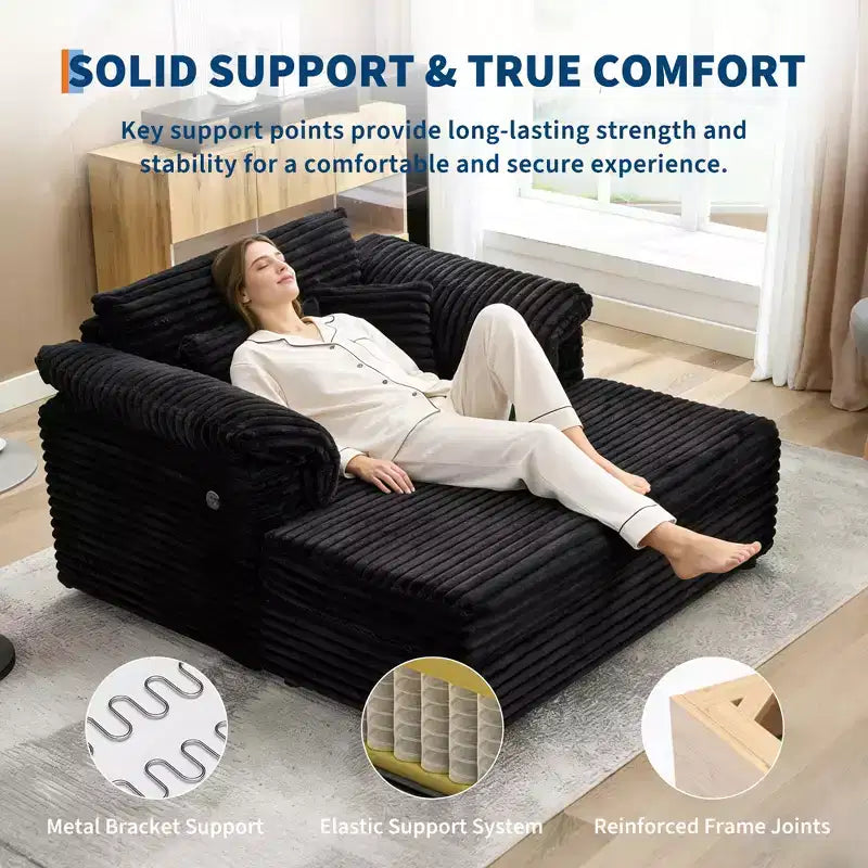 Grande chaise longue d'intérieur, canapé lounge confortable en velours côtelé avec accoudoirs larges et oreillers décoratifs, canapé convertible douillet pour salon