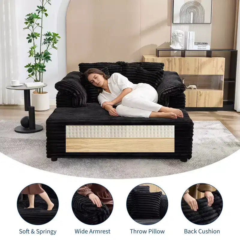 Grande chaise longue d'intérieur, canapé lounge confortable en velours côtelé avec accoudoirs larges et oreillers décoratifs, canapé convertible douillet pour salon
