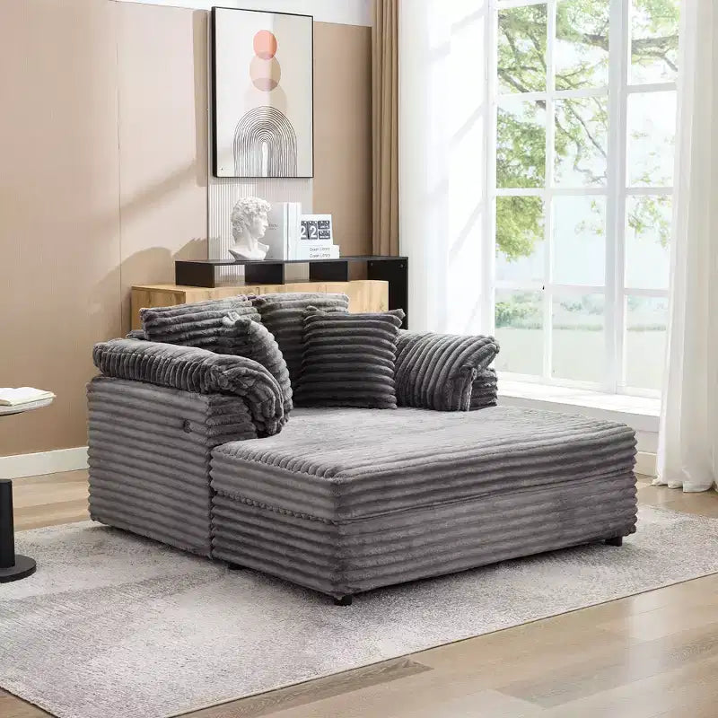 Grande chaise longue d'intérieur, canapé lounge confortable en velours côtelé avec accoudoirs larges et oreillers décoratifs, canapé convertible douillet pour salon