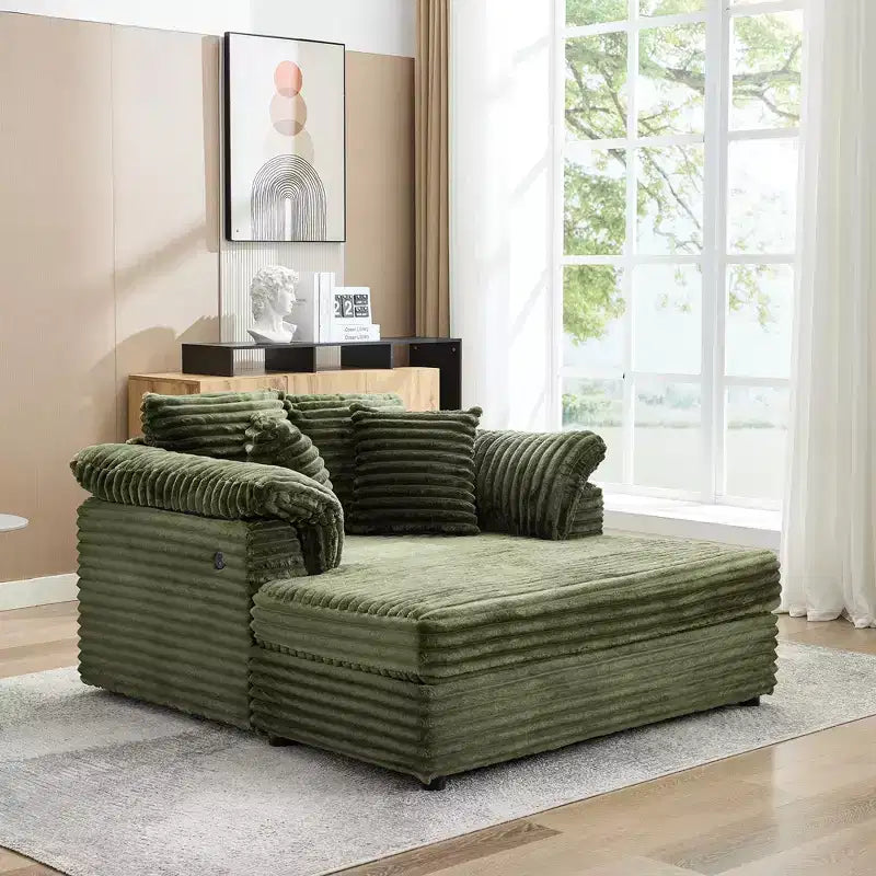Grande chaise longue d'intérieur, canapé lounge confortable en velours côtelé avec accoudoirs larges et oreillers décoratifs, canapé convertible douillet pour salon