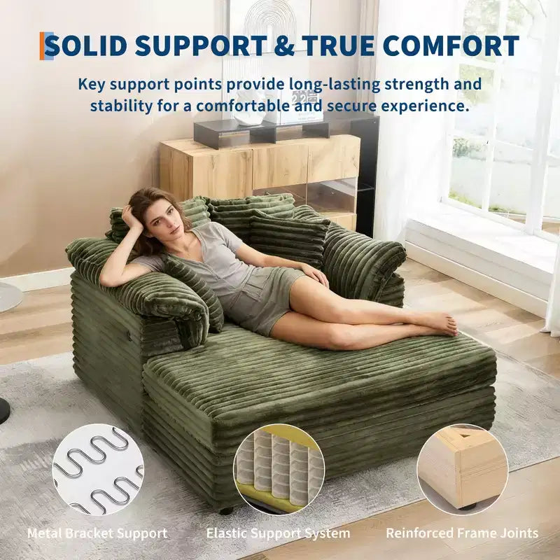 Grande chaise longue d'intérieur, canapé lounge confortable en velours côtelé avec accoudoirs larges et oreillers décoratifs, canapé convertible douillet pour salon