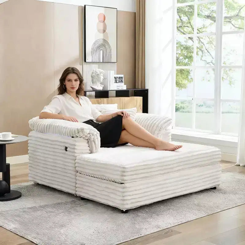 Grande chaise longue d'intérieur, canapé lounge confortable en velours côtelé avec accoudoirs larges et oreillers décoratifs, canapé convertible douillet pour salon
