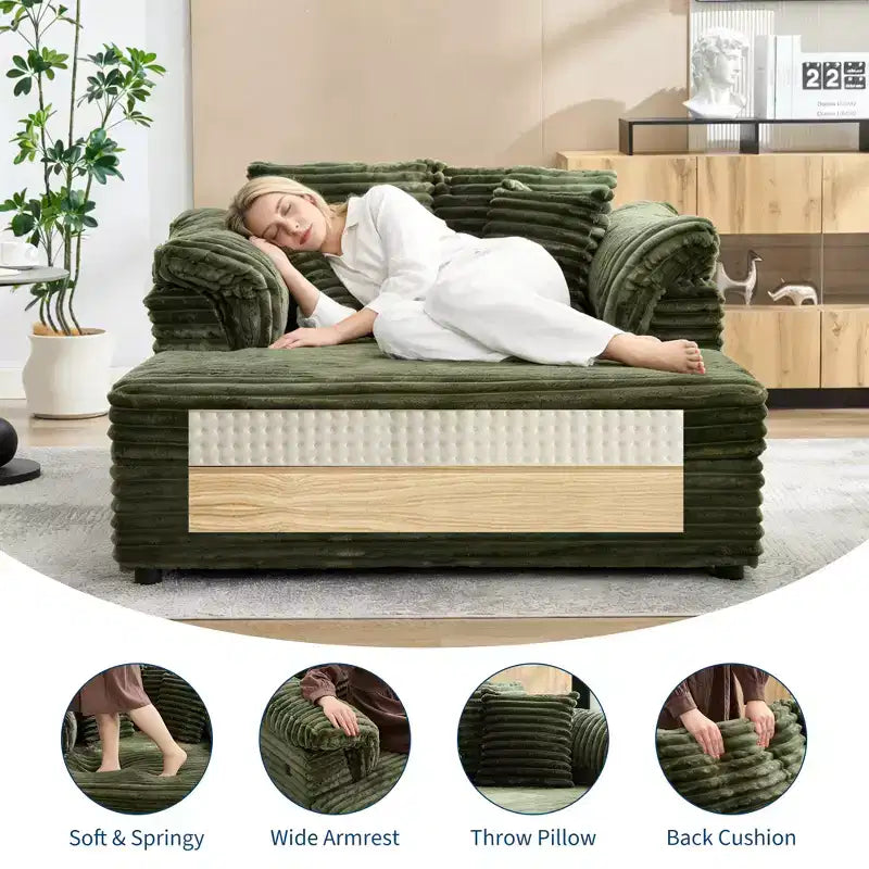 Grande chaise longue d'intérieur, canapé lounge confortable en velours côtelé avec accoudoirs larges et oreillers décoratifs, canapé convertible douillet pour salon
