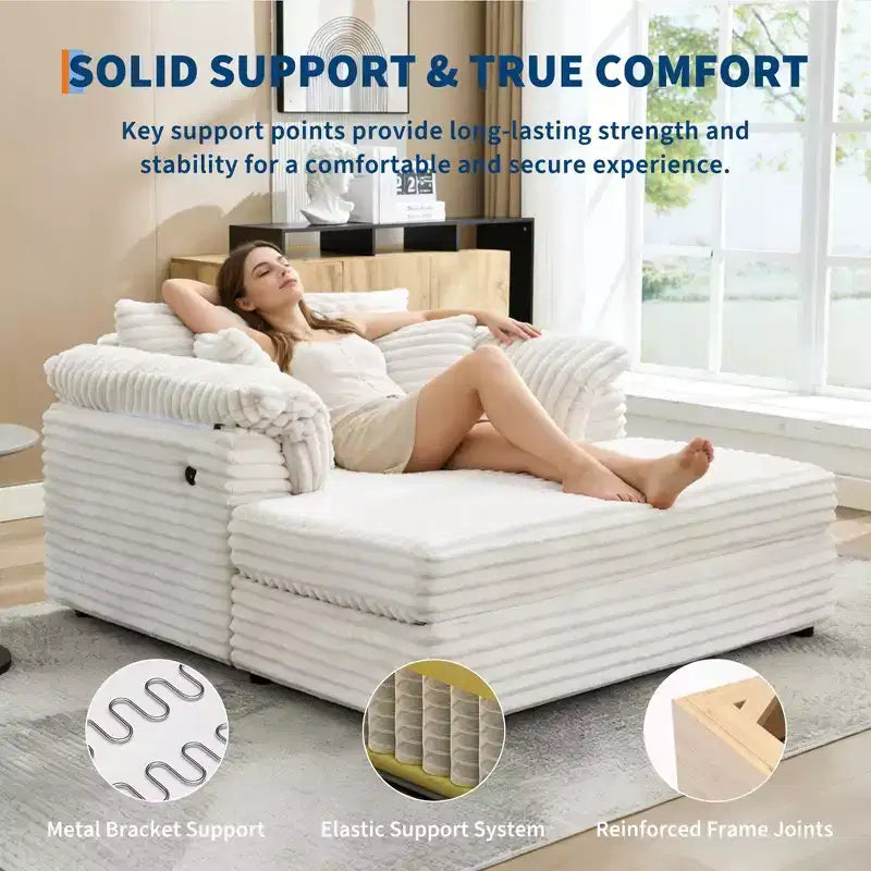 Grande chaise longue d'intérieur, canapé lounge confortable en velours côtelé avec accoudoirs larges et oreillers décoratifs, canapé convertible douillet pour salon