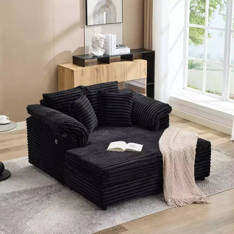 Grande chaise longue d'intérieur, canapé lounge confortable en velours côtelé avec accoudoirs larges et oreillers décoratifs, canapé convertible douillet pour salon