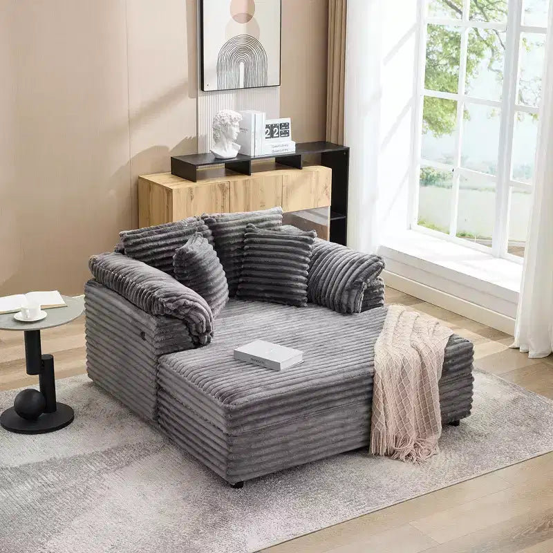 Grande chaise longue d'intérieur, canapé lounge confortable en velours côtelé avec accoudoirs larges et oreillers décoratifs, canapé convertible douillet pour salon
