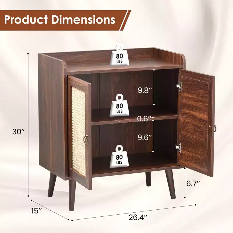Meuble Buffet en Rotin avec Deux Portes, Style Vintage pour Salle à Manger, Salon, Couloir