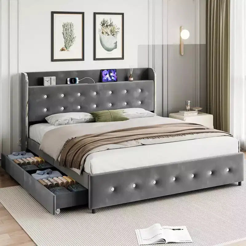 Cadre de lit Queen avec 4 tiroirs de rangement, plateforme tapissée en velours, support de 450 kg, gris