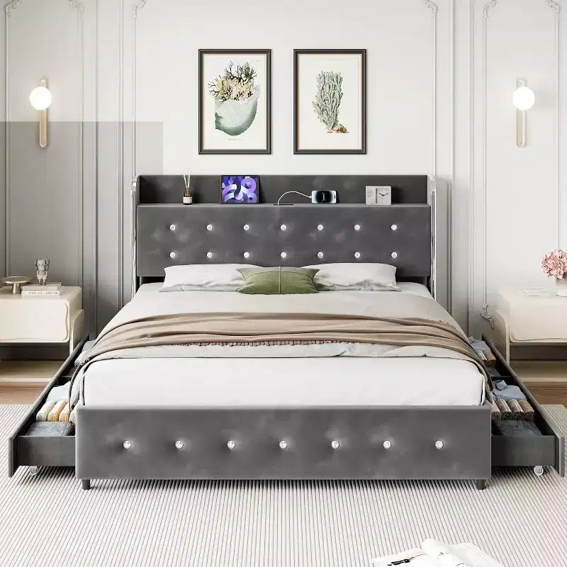 Cadre de lit Queen avec 4 tiroirs de rangement, plateforme tapissée en velours, support de 450 kg, gris