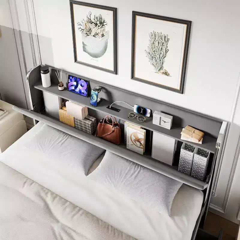 Cadre de lit Queen avec 4 tiroirs de rangement, plateforme tapissée en velours, support de 450 kg, gris