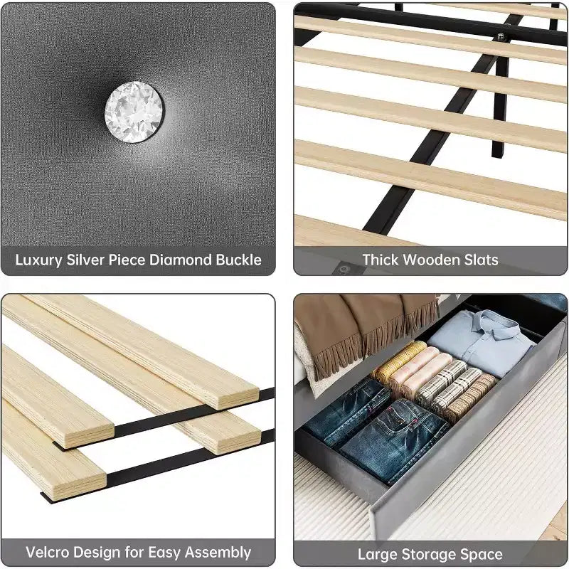 Cadre de lit Queen avec 4 tiroirs de rangement, plateforme tapissée en velours, support de 450 kg, gris