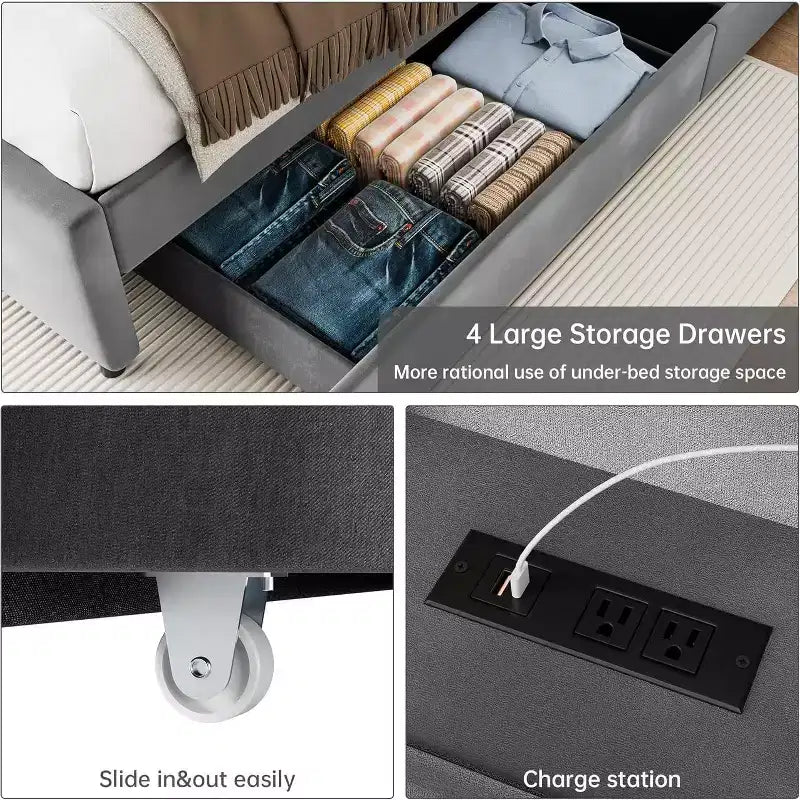 Cadre de lit Queen avec 4 tiroirs de rangement, plateforme tapissée en velours, support de 450 kg, gris
