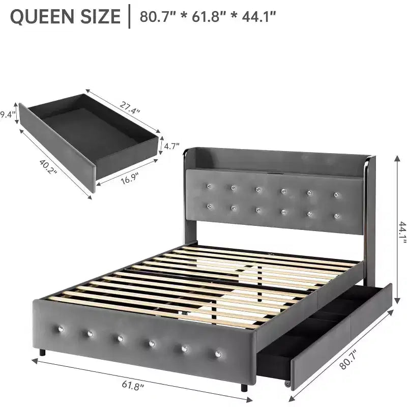 Cadre de lit Queen avec 4 tiroirs de rangement, plateforme tapissée en velours, support de 450 kg, gris