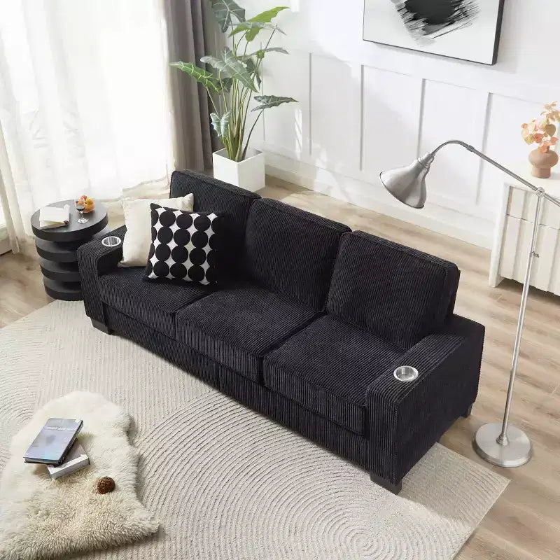 Canapé trois places en velours côtelé de 83 pouces avec porte-gobelets, canapé nuage moderne moelleux pour salons et appartements