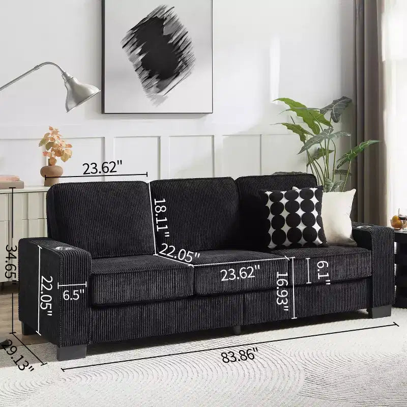 Canapé trois places en velours côtelé de 83 pouces avec porte-gobelets, canapé nuage moderne moelleux pour salons et appartements