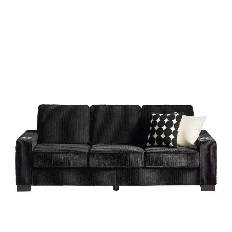 Canapé trois places en velours côtelé de 83 pouces avec porte-gobelets, canapé nuage moderne moelleux pour salons et appartements