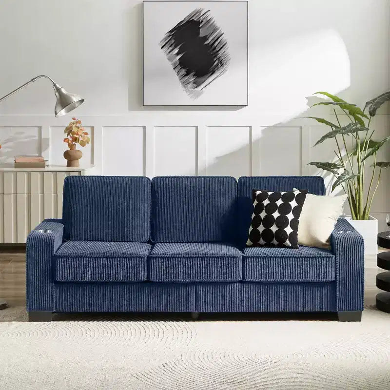 Canapé trois places en velours côtelé de 83 pouces avec porte-gobelets, canapé nuage moderne moelleux pour salons et appartements
