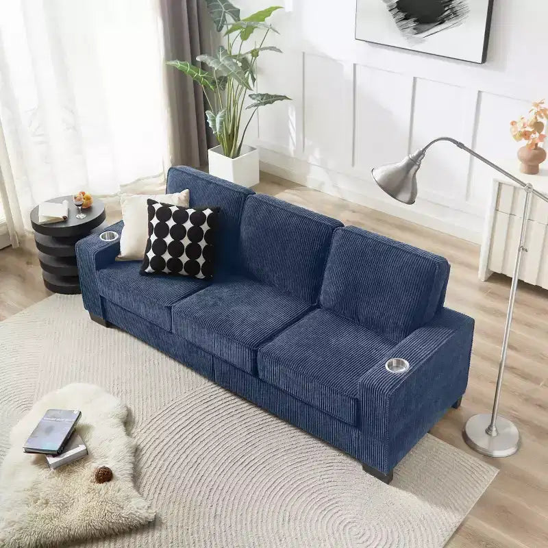 Canapé trois places en velours côtelé de 83 pouces avec porte-gobelets, canapé nuage moderne moelleux pour salons et appartements