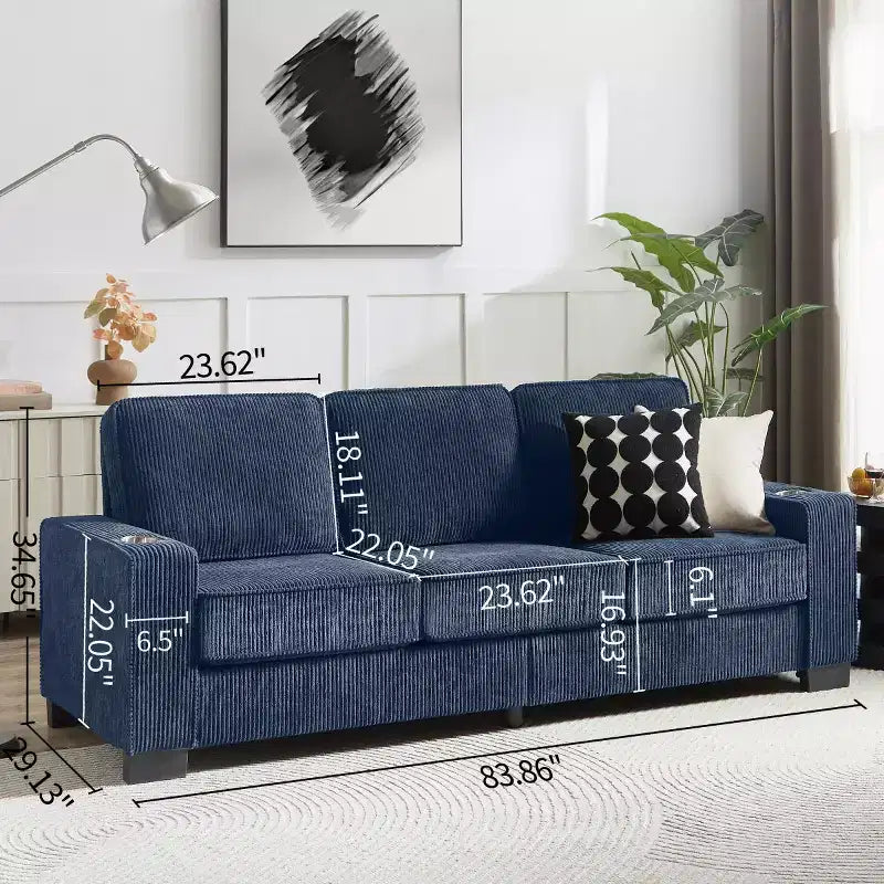 Canapé trois places en velours côtelé de 83 pouces avec porte-gobelets, canapé nuage moderne moelleux pour salons et appartements