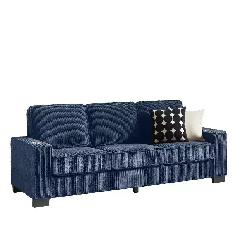 Canapé trois places en velours côtelé de 83 pouces avec porte-gobelets, canapé nuage moderne moelleux pour salons et appartements