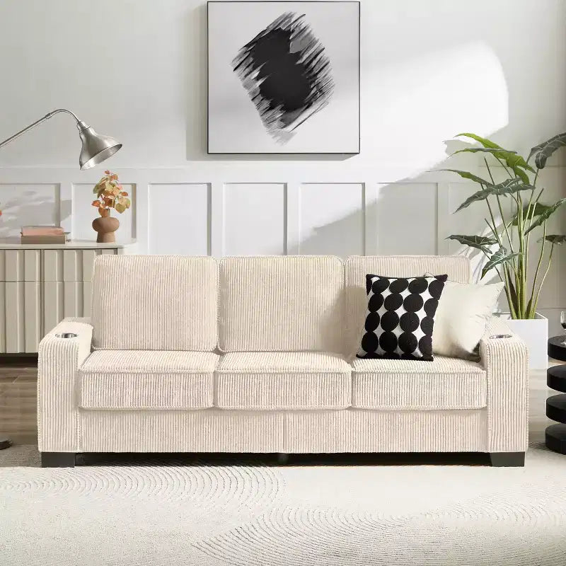 Canapé trois places en velours côtelé de 83 pouces avec porte-gobelets, canapé nuage moderne moelleux pour salons et appartements