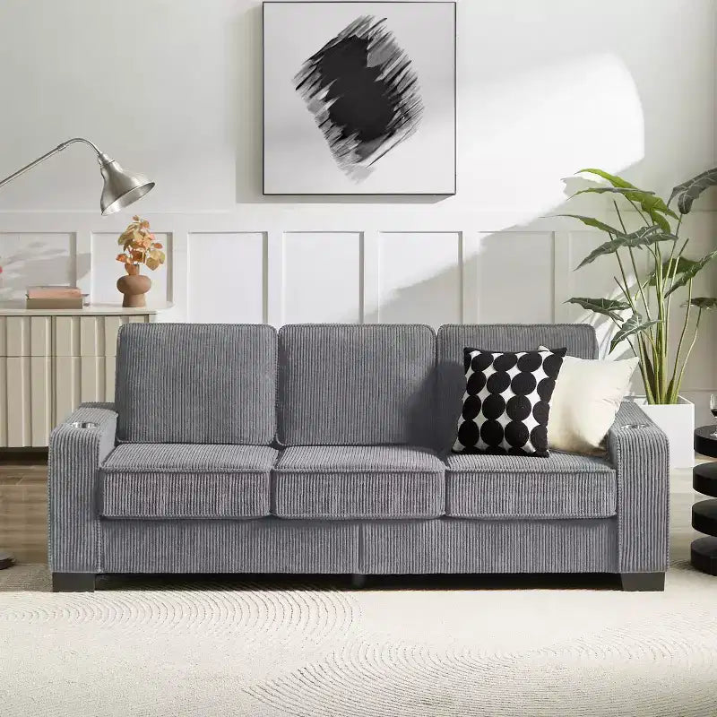 Canapé trois places en velours côtelé de 83 pouces avec porte-gobelets, canapé nuage moderne moelleux pour salons et appartements