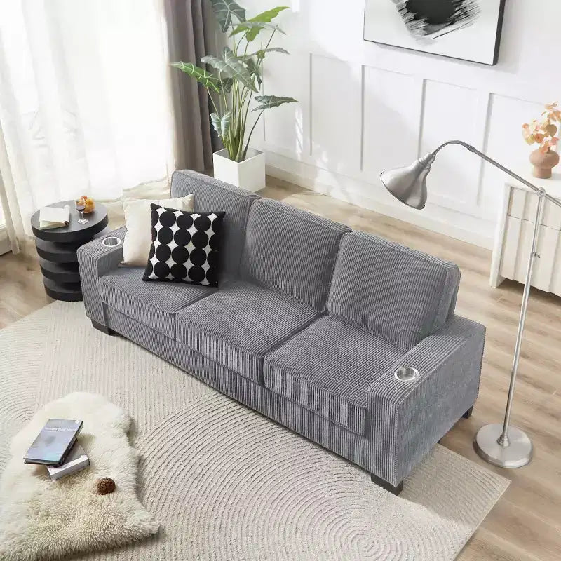 Canapé trois places en velours côtelé de 83 pouces avec porte-gobelets, canapé nuage moderne moelleux pour salons et appartements