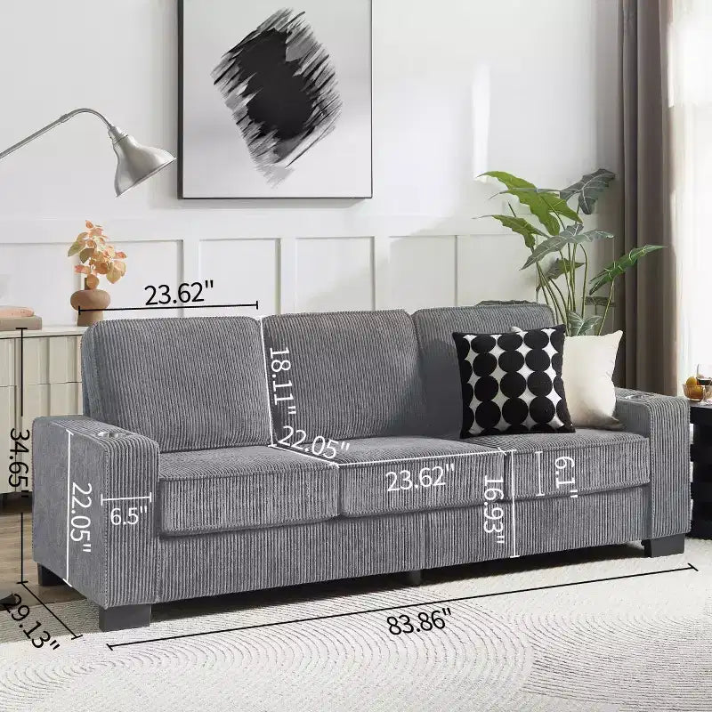 Canapé trois places en velours côtelé de 83 pouces avec porte-gobelets, canapé nuage moderne moelleux pour salons et appartements
