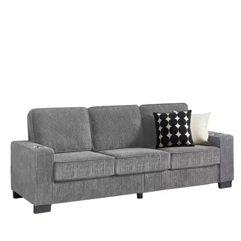 Canapé trois places en velours côtelé de 83 pouces avec porte-gobelets, canapé nuage moderne moelleux pour salons et appartements