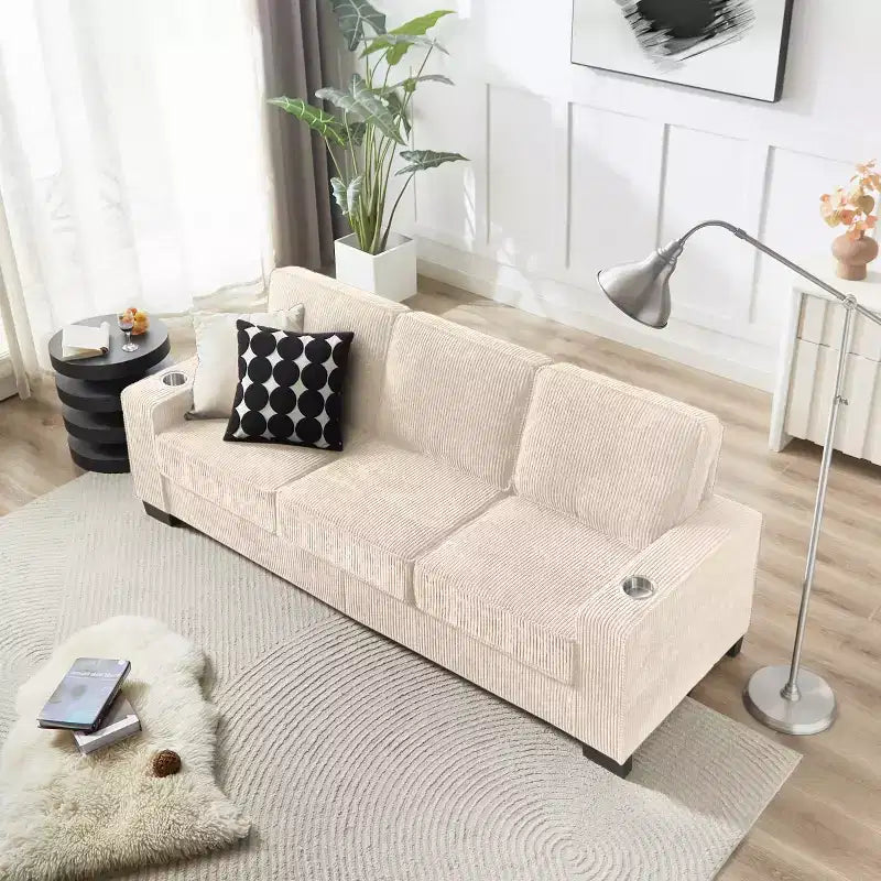 Canapé trois places en velours côtelé de 83 pouces avec porte-gobelets, canapé nuage moderne moelleux pour salons et appartements