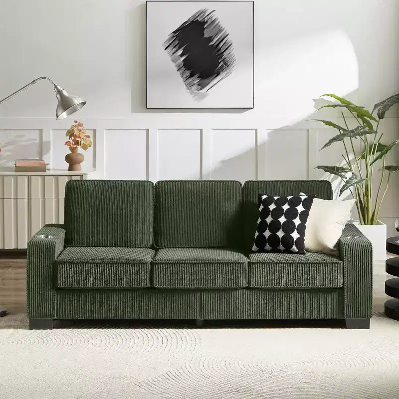 Canapé trois places en velours côtelé de 83 pouces avec porte-gobelets, canapé nuage moderne moelleux pour salons et appartements