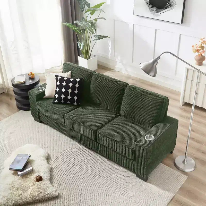 Canapé trois places en velours côtelé de 83 pouces avec porte-gobelets, canapé nuage moderne moelleux pour salons et appartements