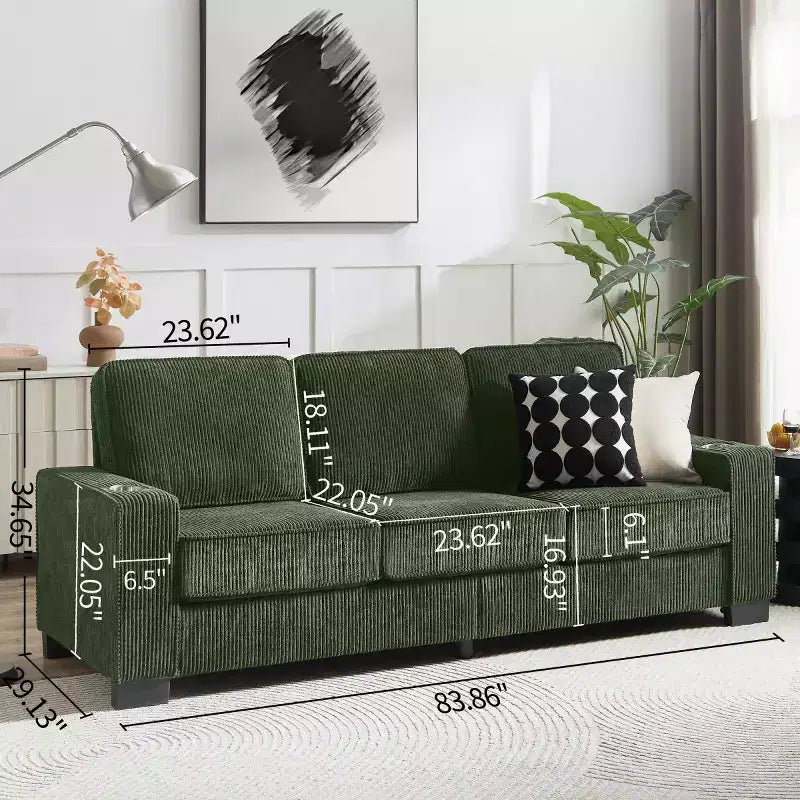 Canapé trois places en velours côtelé de 83 pouces avec porte-gobelets, canapé nuage moderne moelleux pour salons et appartements