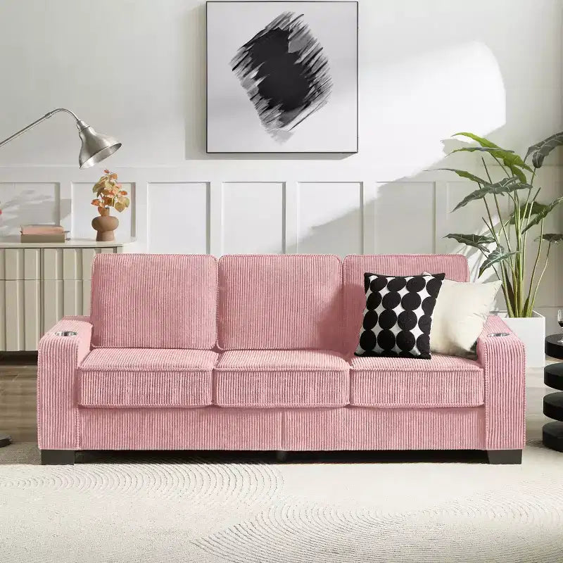 Canapé trois places en velours côtelé de 83 pouces avec porte-gobelets, canapé nuage moderne moelleux pour salons et appartements