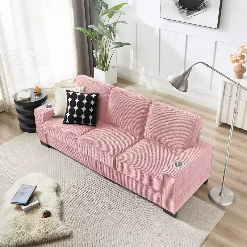 Canapé trois places en velours côtelé de 83 pouces avec porte-gobelets, canapé nuage moderne moelleux pour salons et appartements