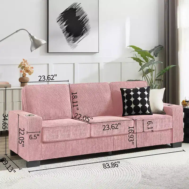 Canapé trois places en velours côtelé de 83 pouces avec porte-gobelets, canapé nuage moderne moelleux pour salons et appartements
