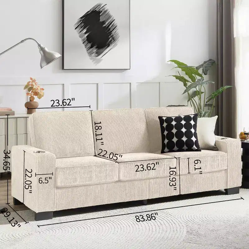 Canapé trois places en velours côtelé de 83 pouces avec porte-gobelets, canapé nuage moderne moelleux pour salons et appartements