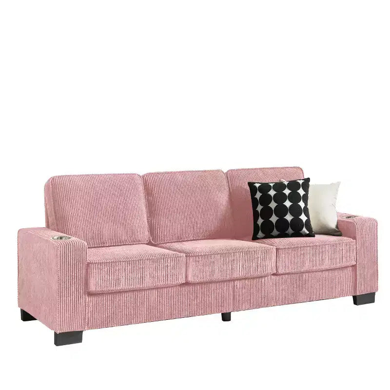 Canapé trois places en velours côtelé de 83 pouces avec porte-gobelets, canapé nuage moderne moelleux pour salons et appartements